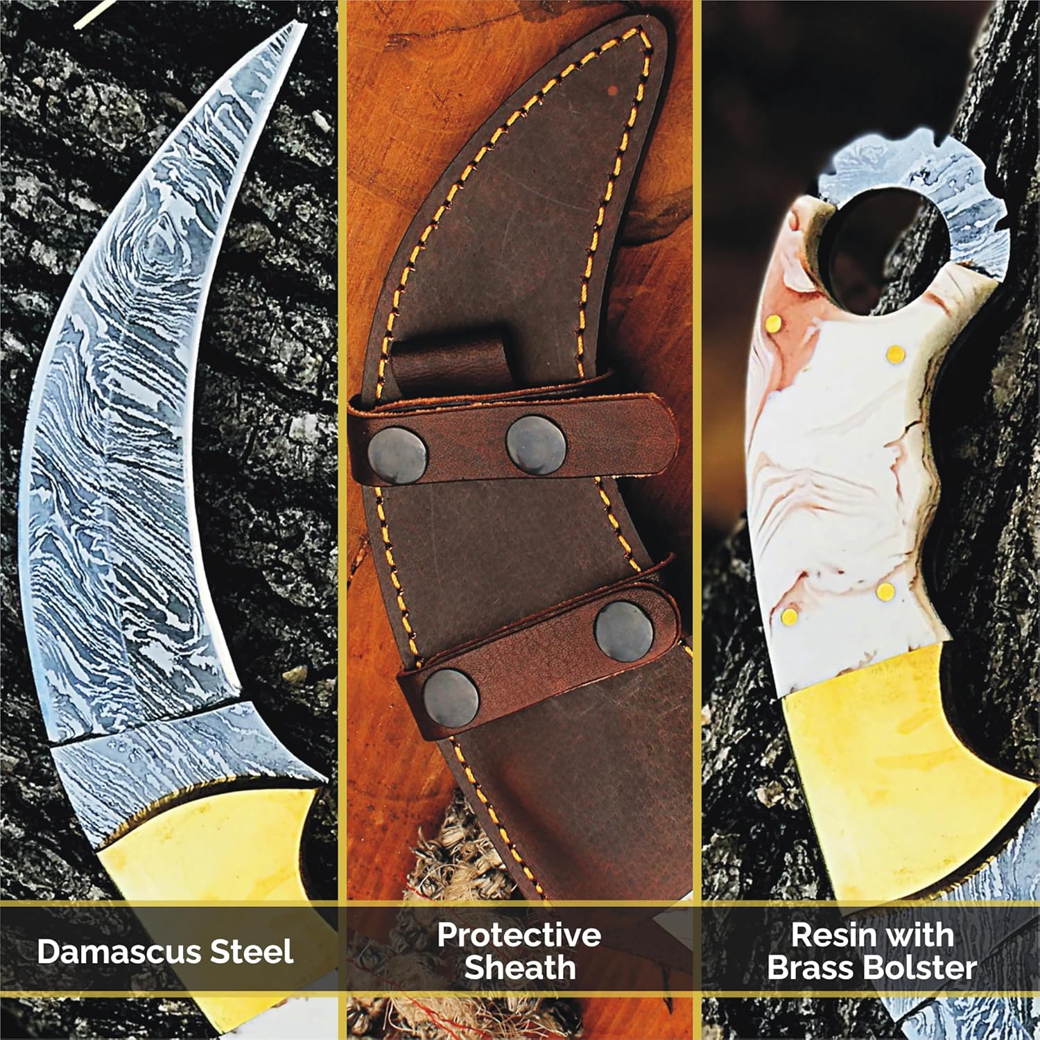 Cuchillo de caza de acero de Damasco con funda, hecho a mano, 9 pulgadas, cuchillo de hoja fija EDC para hombres y mujeres, cuchillo de