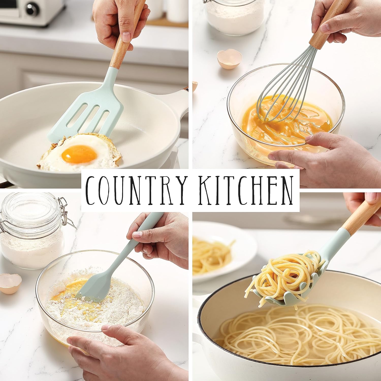 Country Kitchen Juego de utensilios de cocina  Juego de 38 espátulas de silicona antiadherentes con soporte, asas de madera y utensilios resistentes