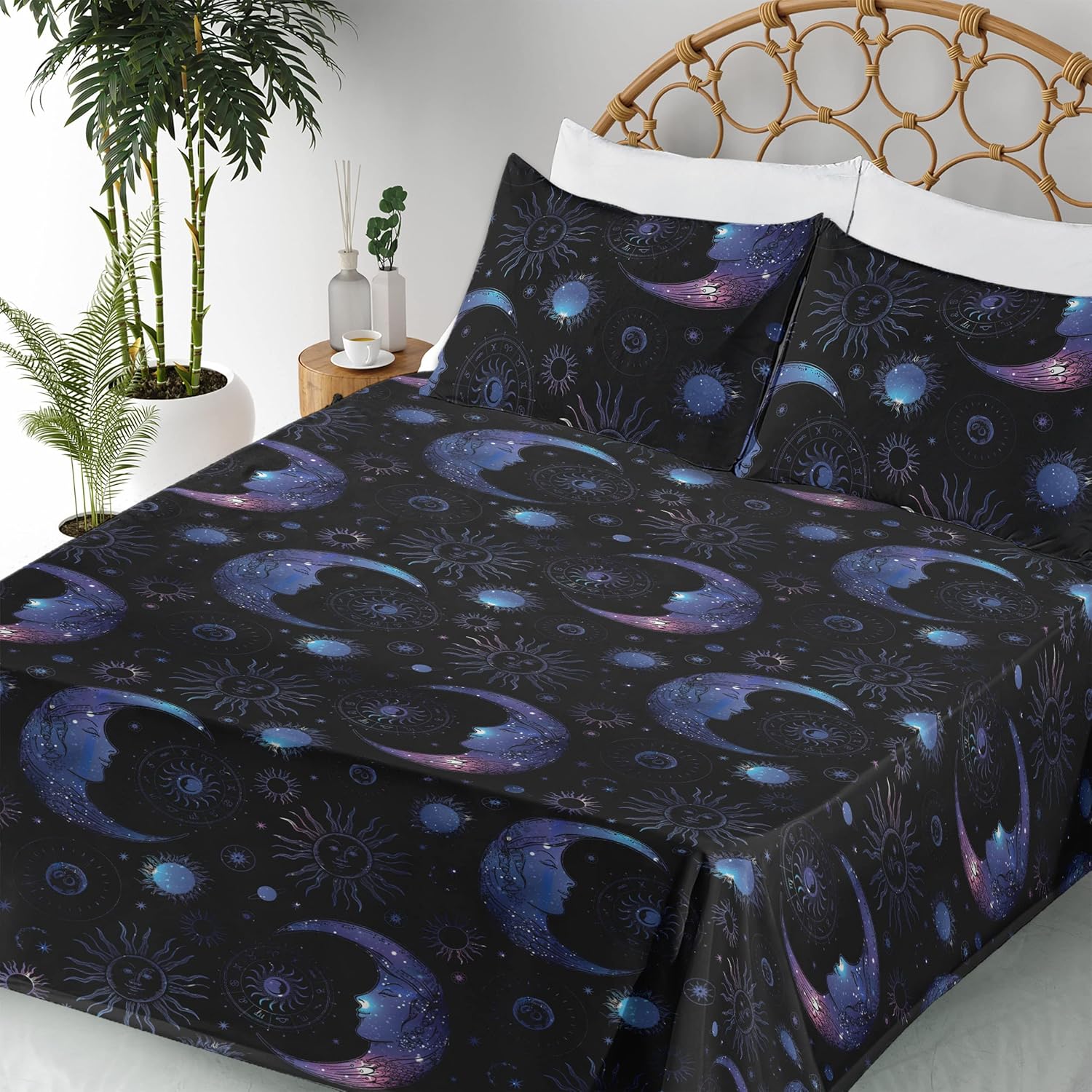 Ambesonne Moon Sheet Set, Galaxy Theme Sun and Crescent Sketch Pattern Modern Colors Boho Art, Fitted and Flat Sheet with Pillowcases Bedding Accent