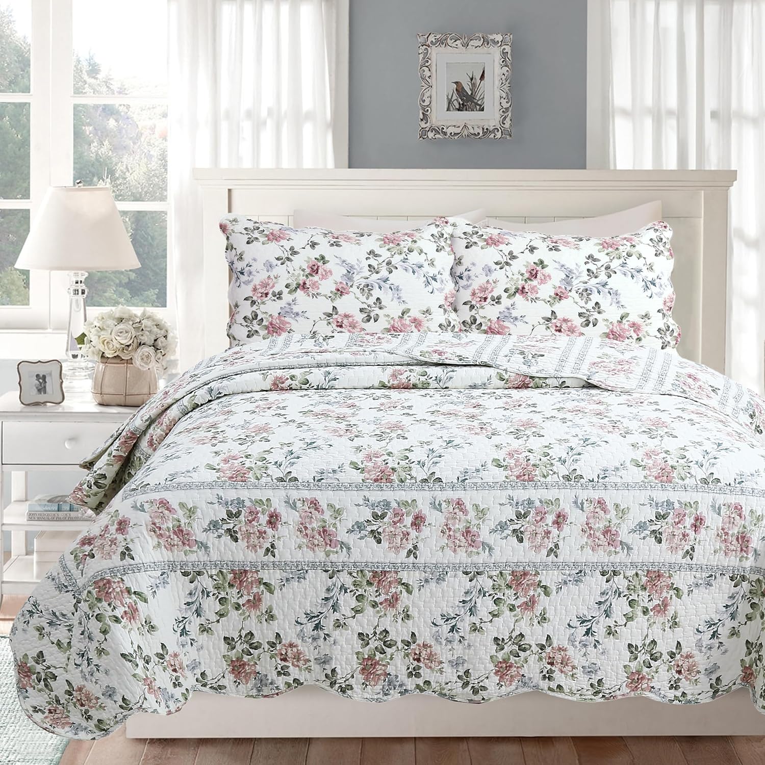 Cozy Line Home Fashions – Juego de colcha reversible, 100% algodón, diseño floral desgastado y elegante, cubrecama para todas las estaciones,