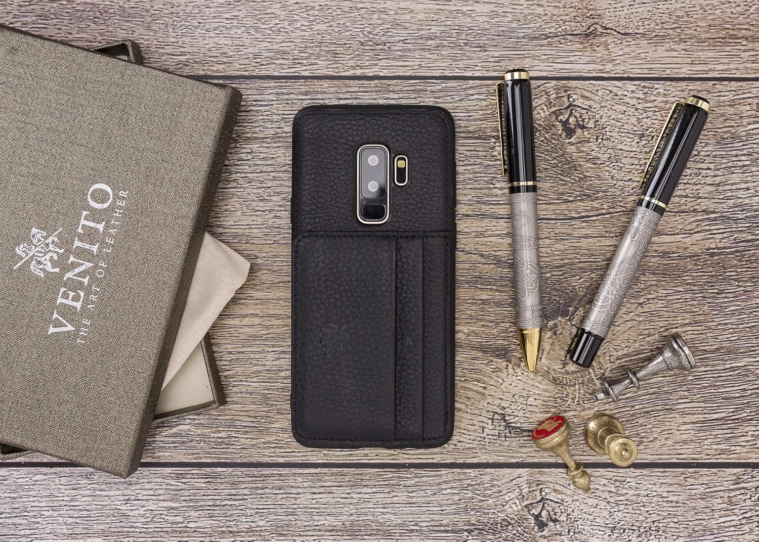 Venito Pisa – Funda de piel con soporte para Samsung Galaxy S9+ Plus, color negro