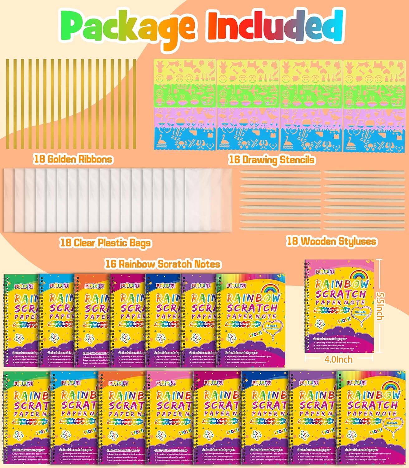 pigipigi Paquete de 16 piezas de papel para rascar, libro de notas de arco iris, para colorear mágico, suministros de papel para manualidades para