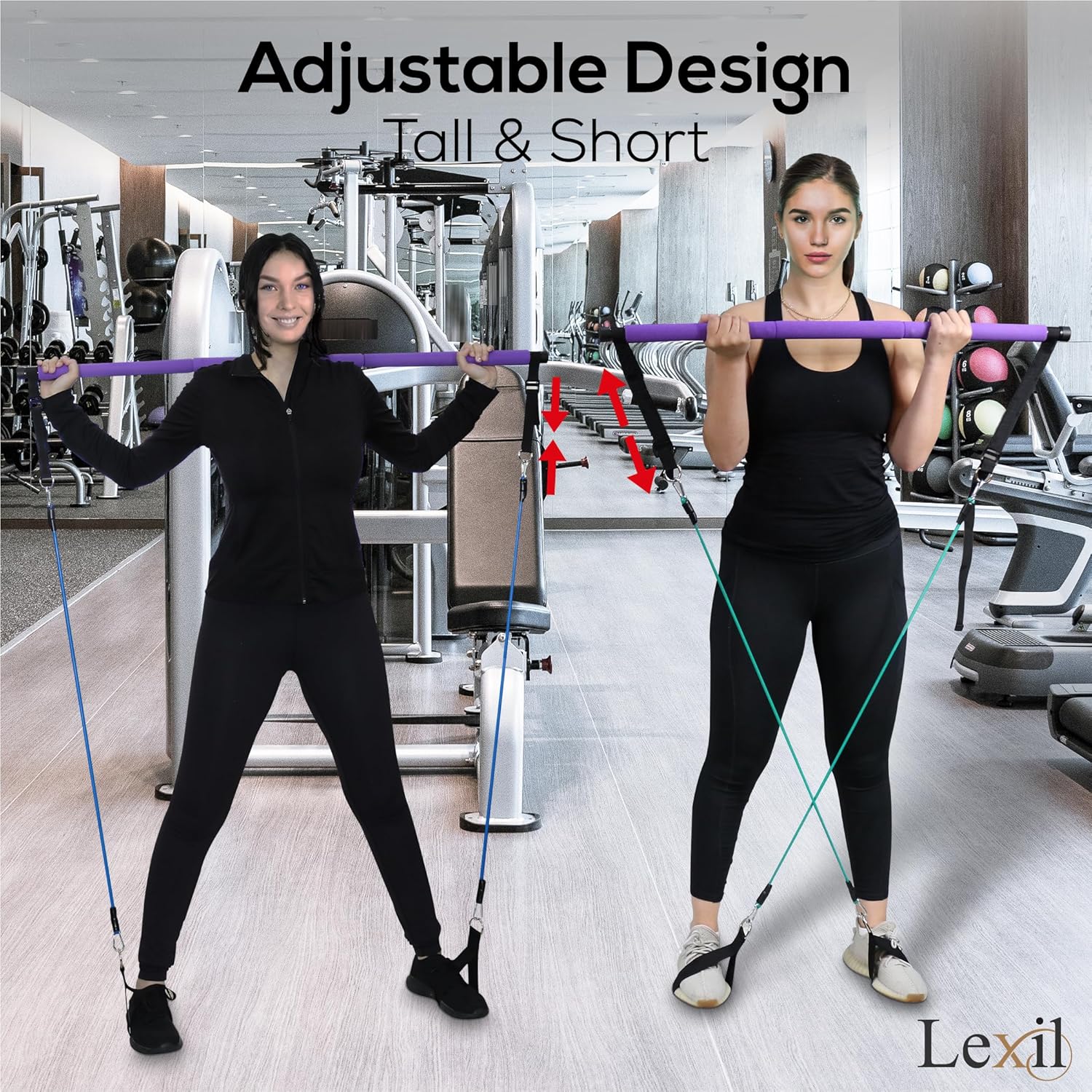 LEXIL Kit de ejercicios de barra de pilates portátil, apilable, 3 pares de bandas de resistencia (15, 20, 30 libras), equipo de gimnasio en casa
