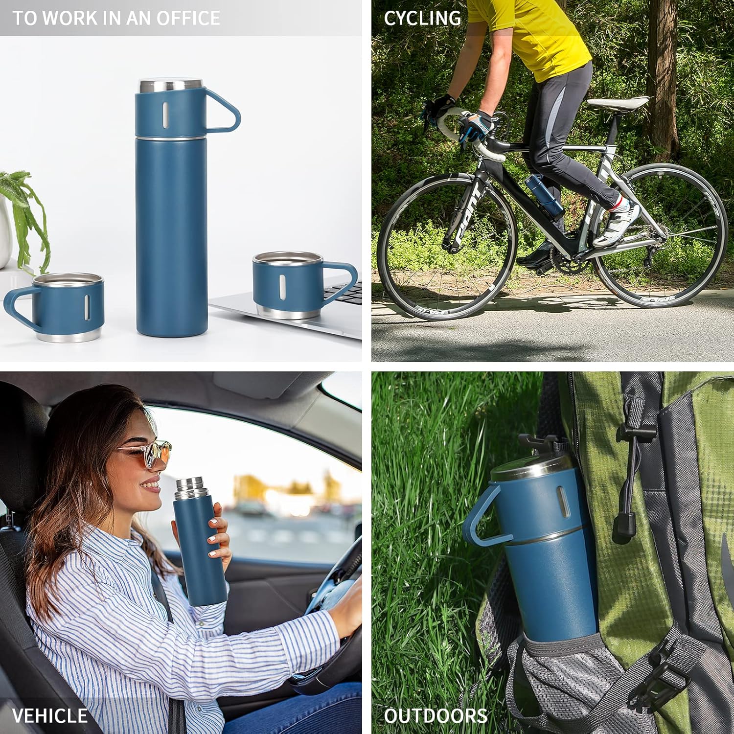 Juego de termo de acero inoxidable de 16.9 fl oz17 onzas, botella de agua aislada con tres tazas para bebidas calientes y frías, color azul