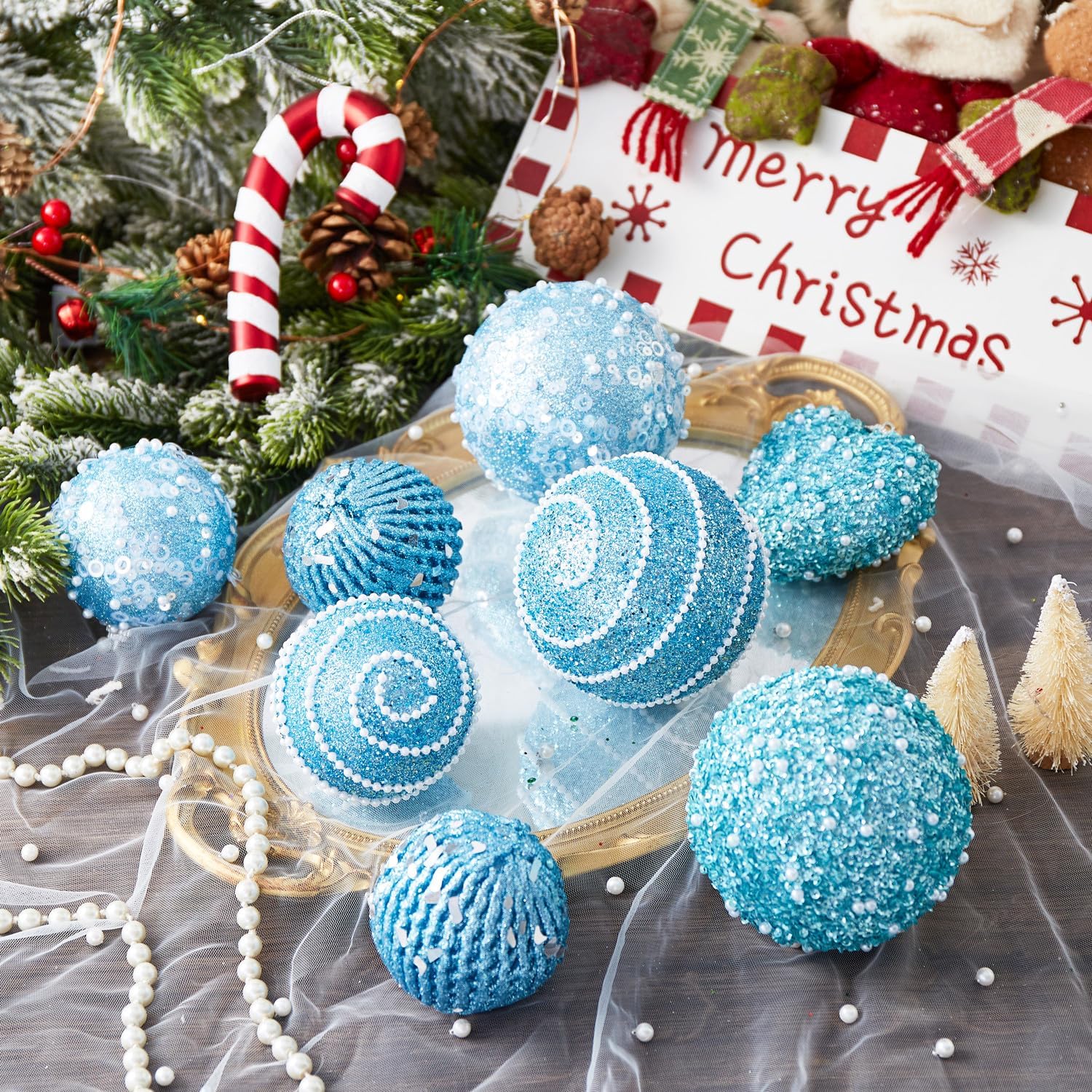 14 adornos de corazón azul bebé y adornos de bolas de Navidad, decoraciones de bolas de Navidad, bolas de perlas colgantes de plástico inastillables