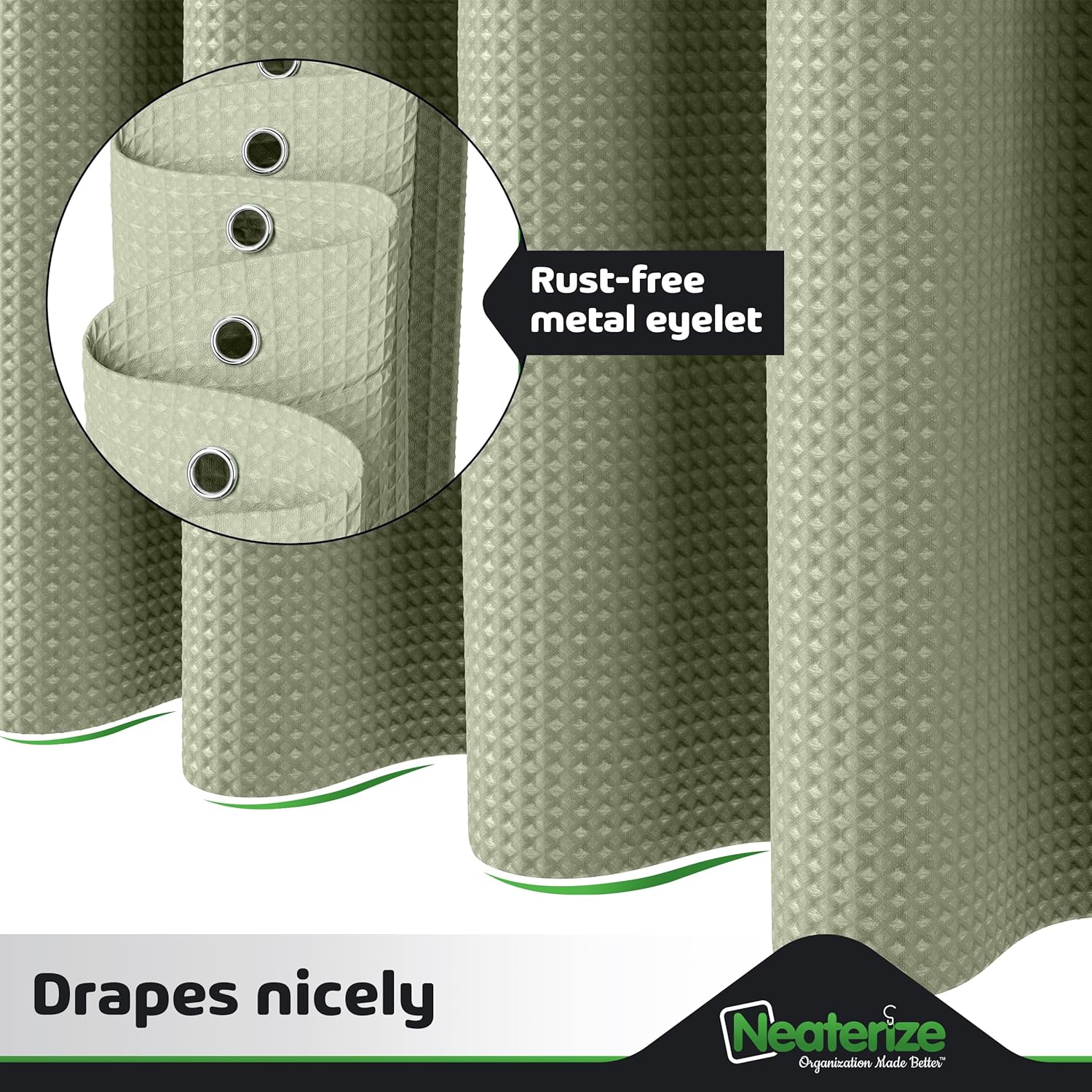 NEATERIZE Cortina de ducha verde salvia, cortinas de ducha estilo hotel verde salvia para baño con diseño de gofre, 72 x 78 pulgadas, cortina de