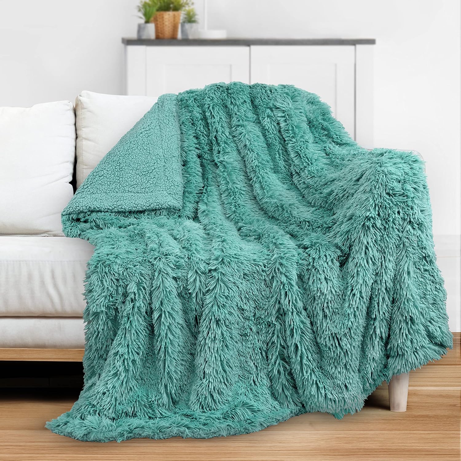 PAVILIA Manta suave y esponjosa de piel sintética, color verde azulado, manta de sherpa cálida y peluda para cama, sofá, manta decorativa de felpa