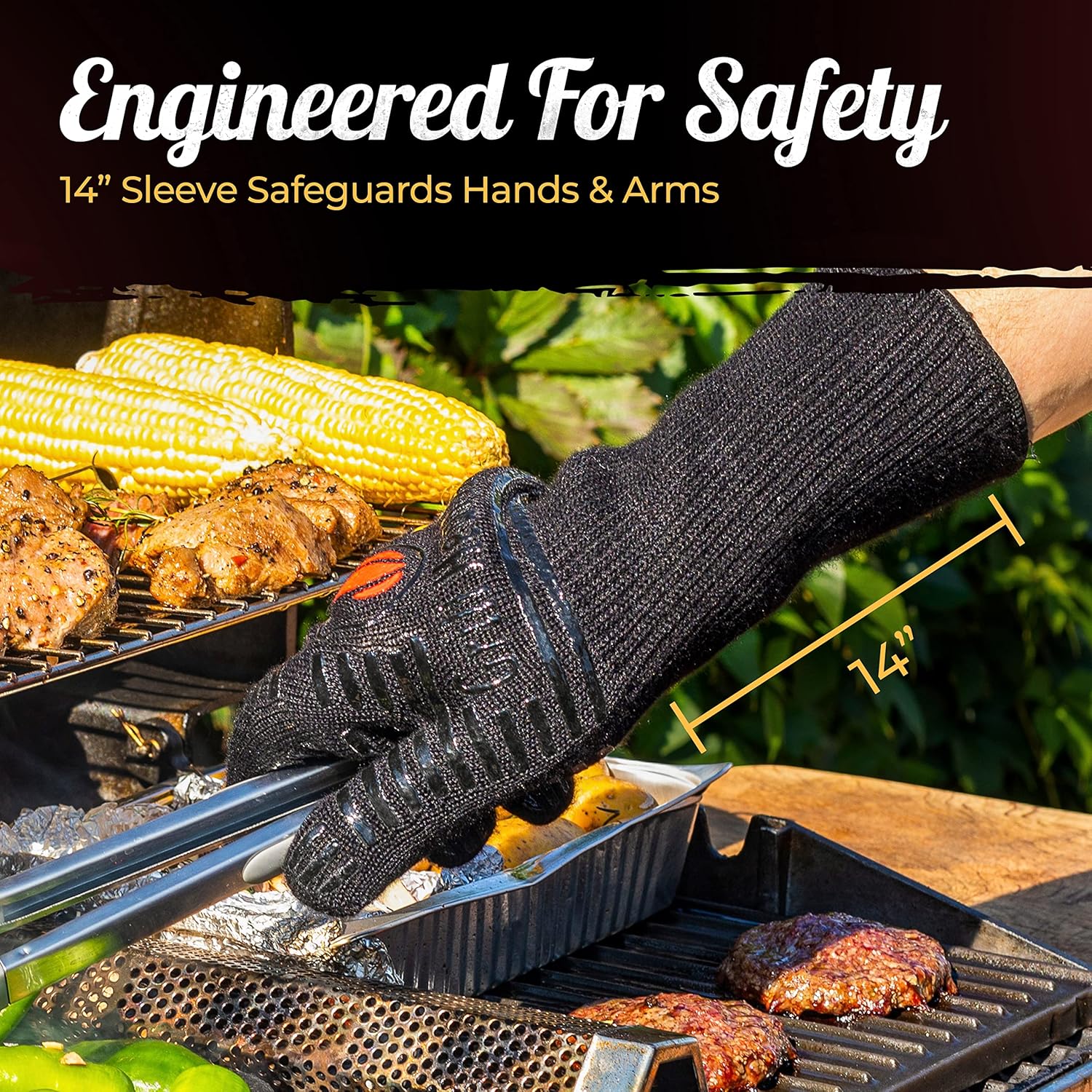 Guantes de barbacoa de puño más largo  1472F guantes resistentes al calor extremo para parrilla, guantes de parrilla a prueba de calor para hombres,