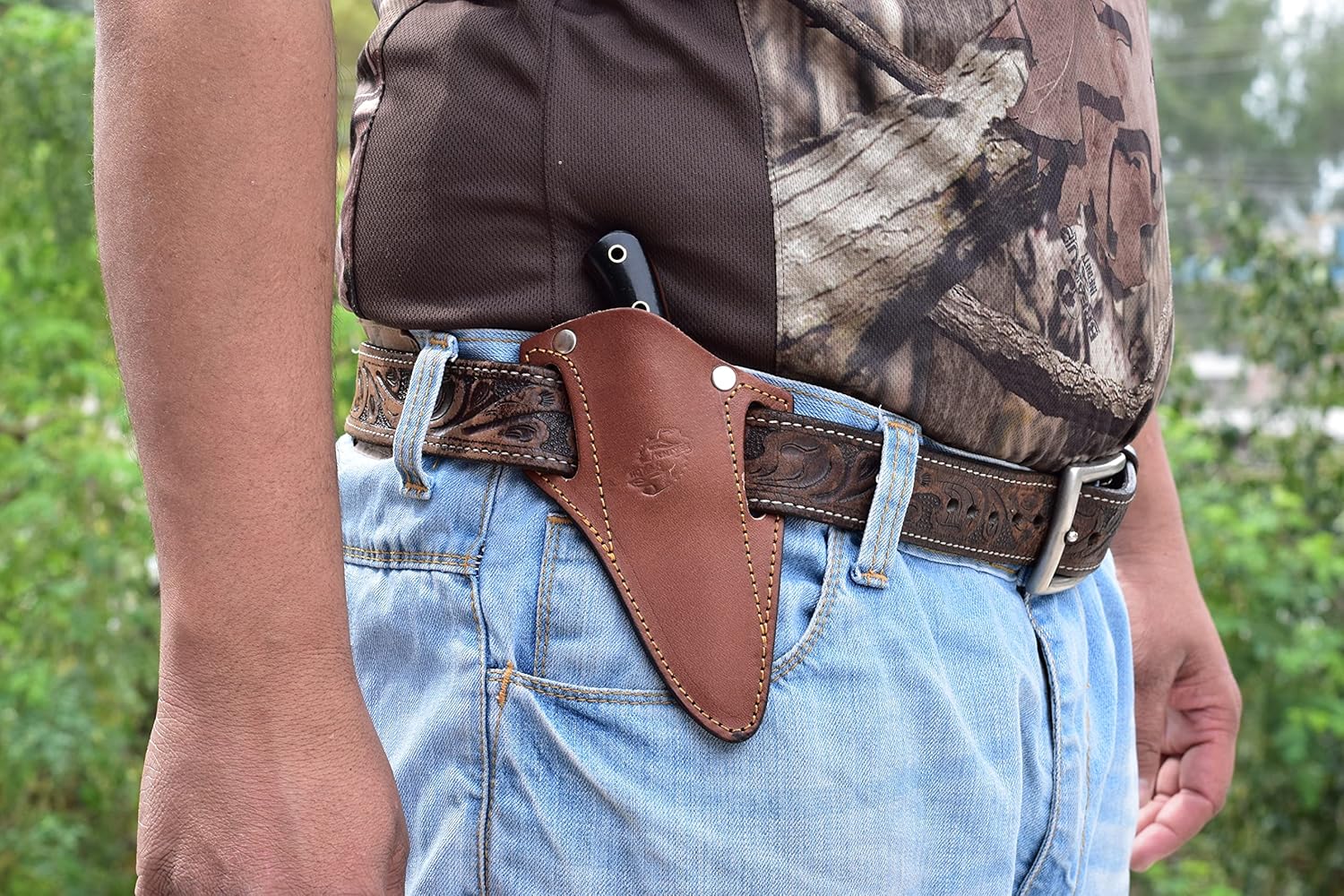 Knives Ranch Cuchillo utilitario EDC hecho a mano de acero de Damasco  Espiga completa  Mango de micarta de arpillera  Funda resistente para
