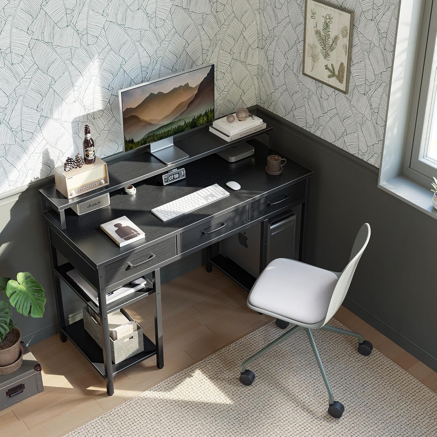 CubiCubi Escritorio de oficina para computadora de 47 pulgadas con cajones de tela y estantes de almacenamiento, escritorio pequeño y moderno con