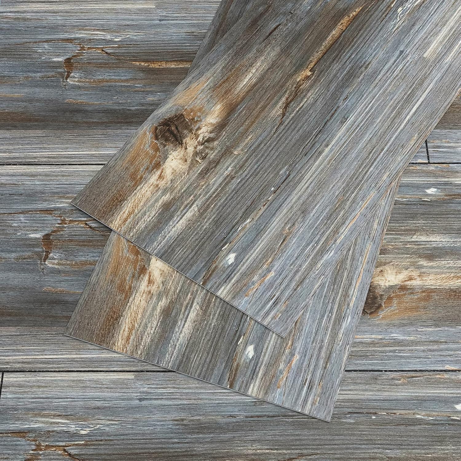 VEELIKE Paquete de 12 pisos de vinilo de madera reciclada azul de 6 x 36 pulgadas, despegar y pegar, impermeable, aspecto de madera, tablones de
