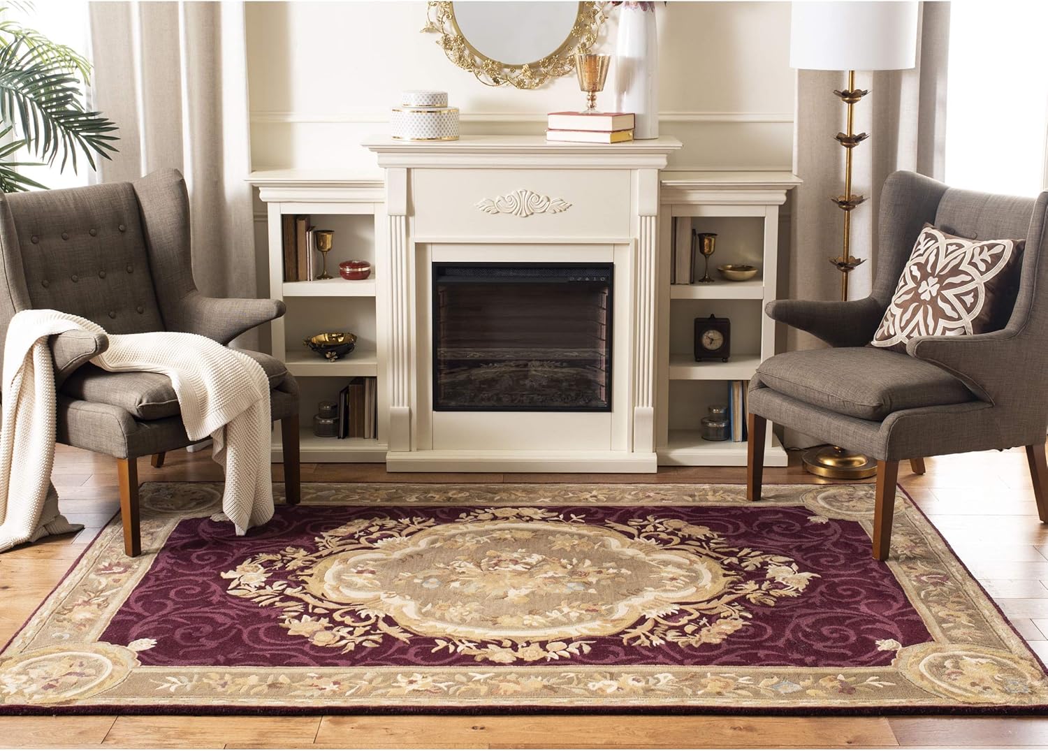 SAFAVIEH Empire Collection EM414A – Alfombra de lana tradicional europea, hecha a mano, 4 x 6 pies, color rojo oscuro y beige oscuro