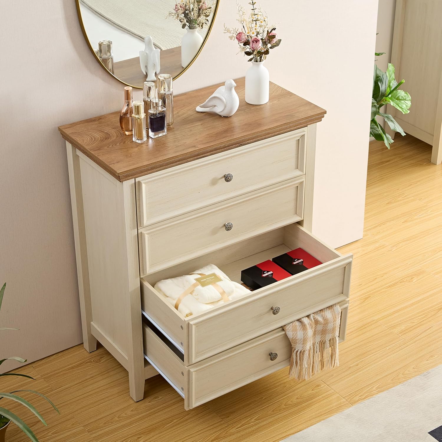 VAWEP Cómoda para dormitorio, 4 cajones, cómoda moderna de 4 cajones para sala de estar, armario de almacenamiento beige, mesita de noche alta para