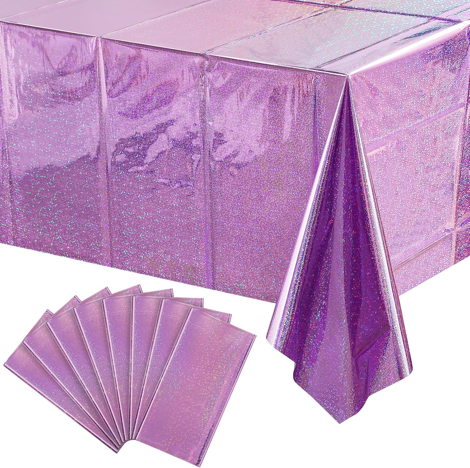 Paquete de 8 manteles de plástico iridiscentes de color morado claro, desechables, rectangulares, con láser, de papel de aluminio holográfico, para