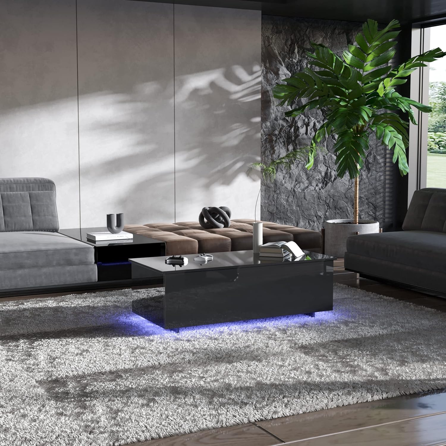 Mesa elevadora de alto brillo con luces LED, mesa auxiliar LED con estante de almacenamiento y compartimento oculto para el hogar, sala de estar,