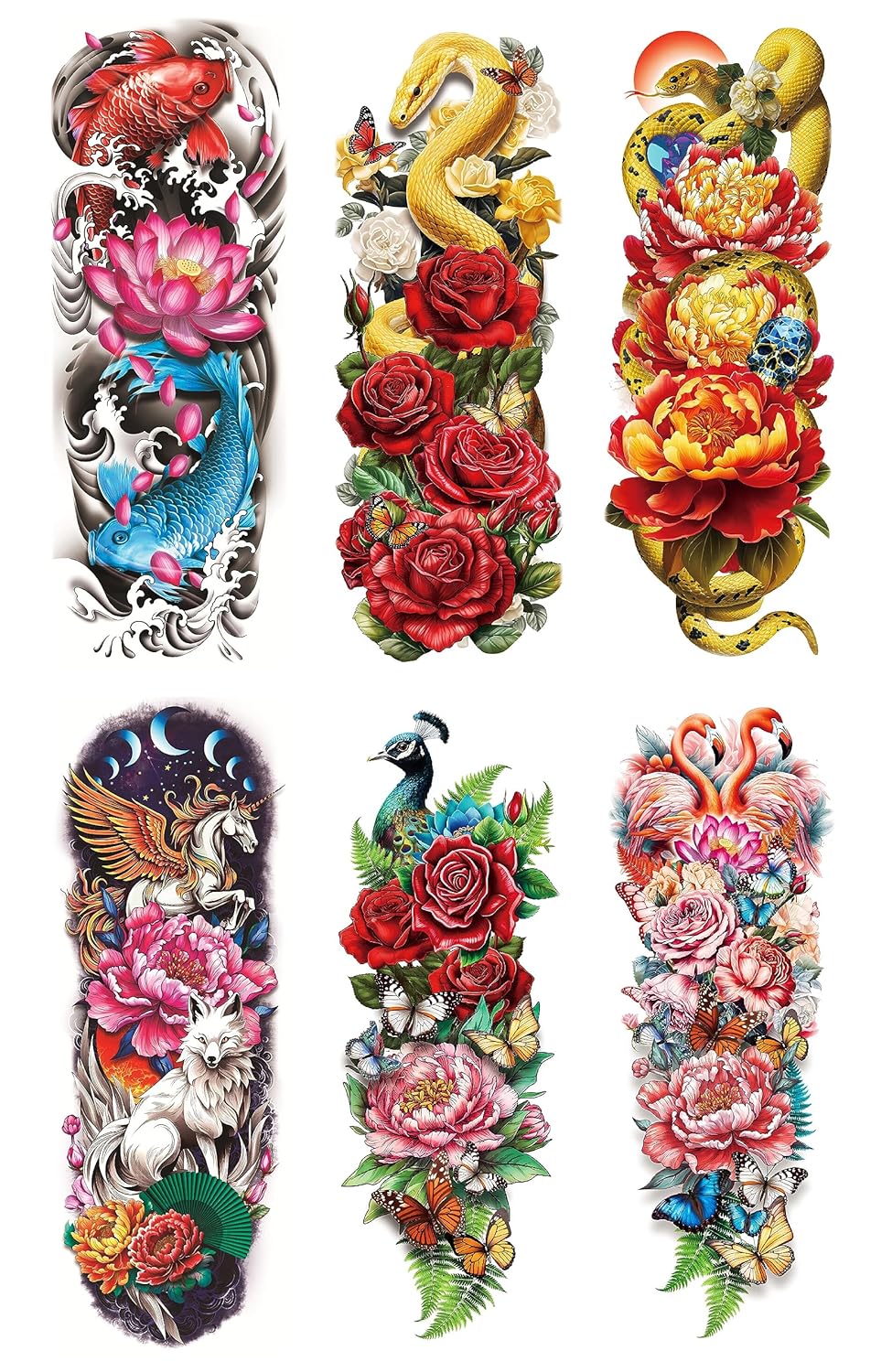 Kotbs 6 hojas de tatuajes temporales, flores de brazo completo, pez dorado, serpiente, tatuajes falsos para adultos y hombres, fundas de tatuaje