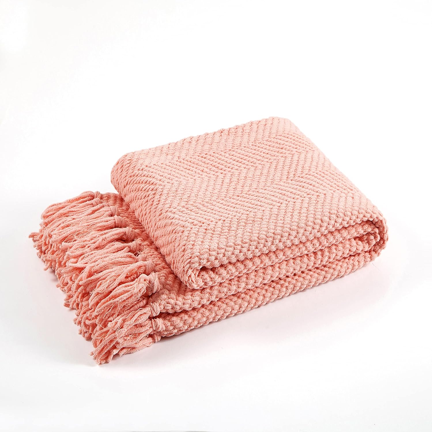 Manta para sofá, funda de sofá suave de punto texturizado, manta de tweed rosa con borlas de flecos para decoración del hogar, cama, sofá, silla, 60