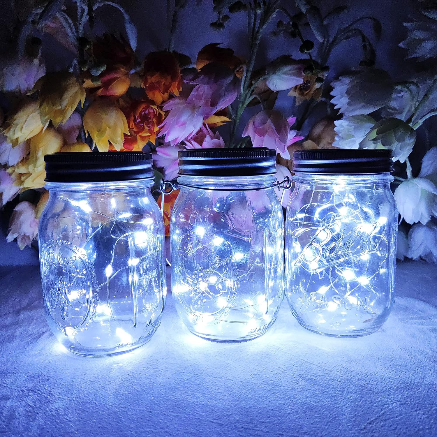 Paquete de 10 luces solares para tarros de masón, 20 luces LED con forma de hada y estrella, con 10 colgadores, resistente al agua y al óxido, para