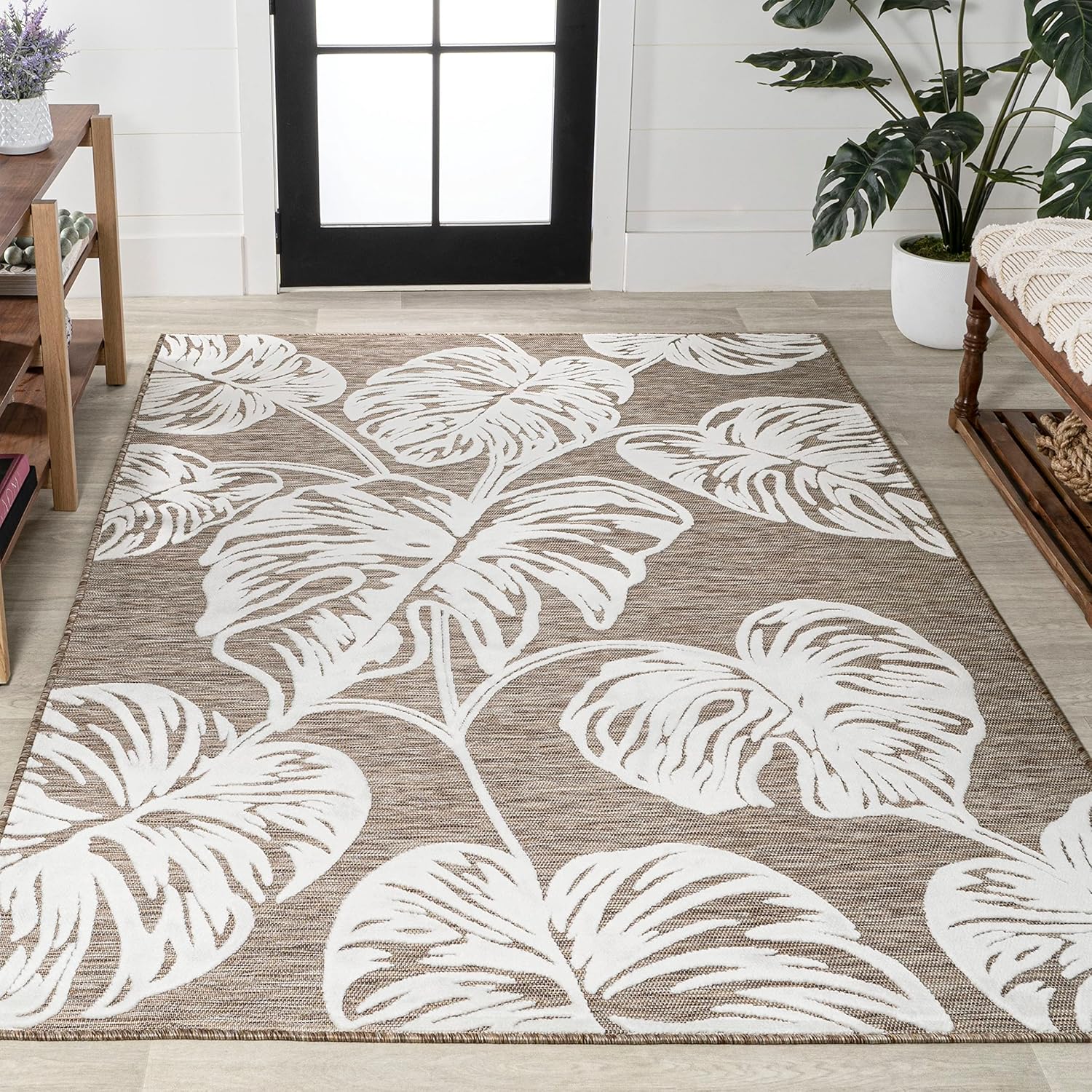 Eyely CWH100B-3 Hawaii Tobago – Alfombra de dos tonos con hoja de Monstera para interiores y exteriores, bohemia moderna, para dormitorio, cocina,