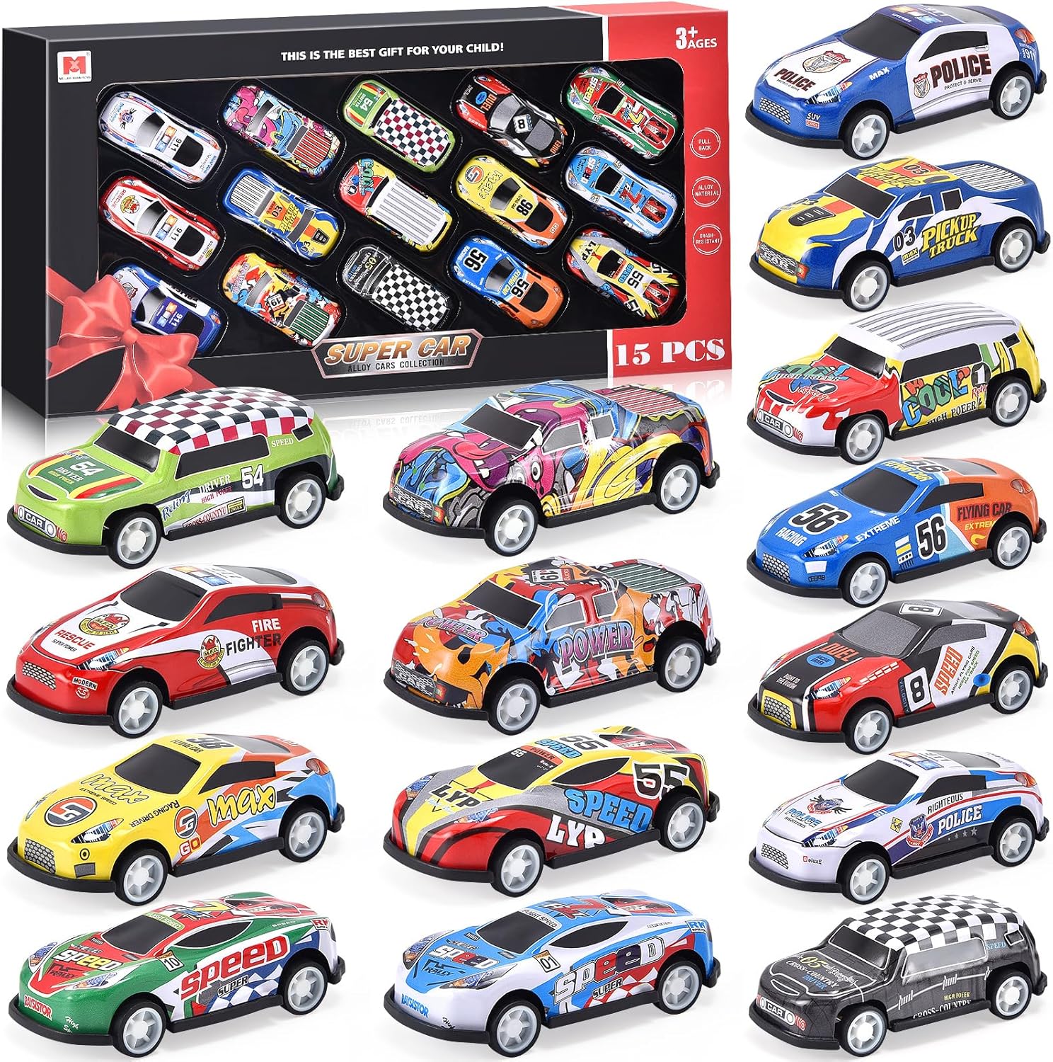 Juego de 15 piezas de autos de carreras de juguete de juguete, 3 pulgadas, de aleación de metal, fundidos a presión a presión a presión para niños