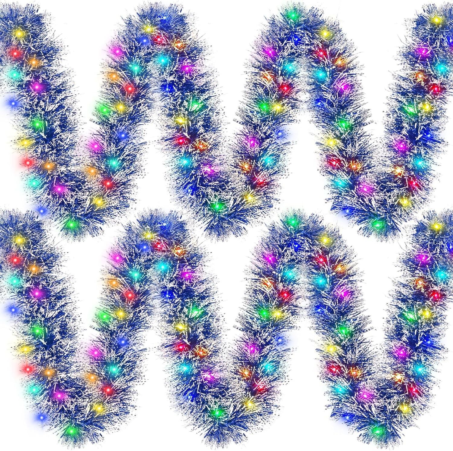 Guirnalda de oropel de Navidad de 100 pies con enchufe, 300 luces LED, guirnalda metálica para colgar, guirnalda de Navidad con luces multicolor