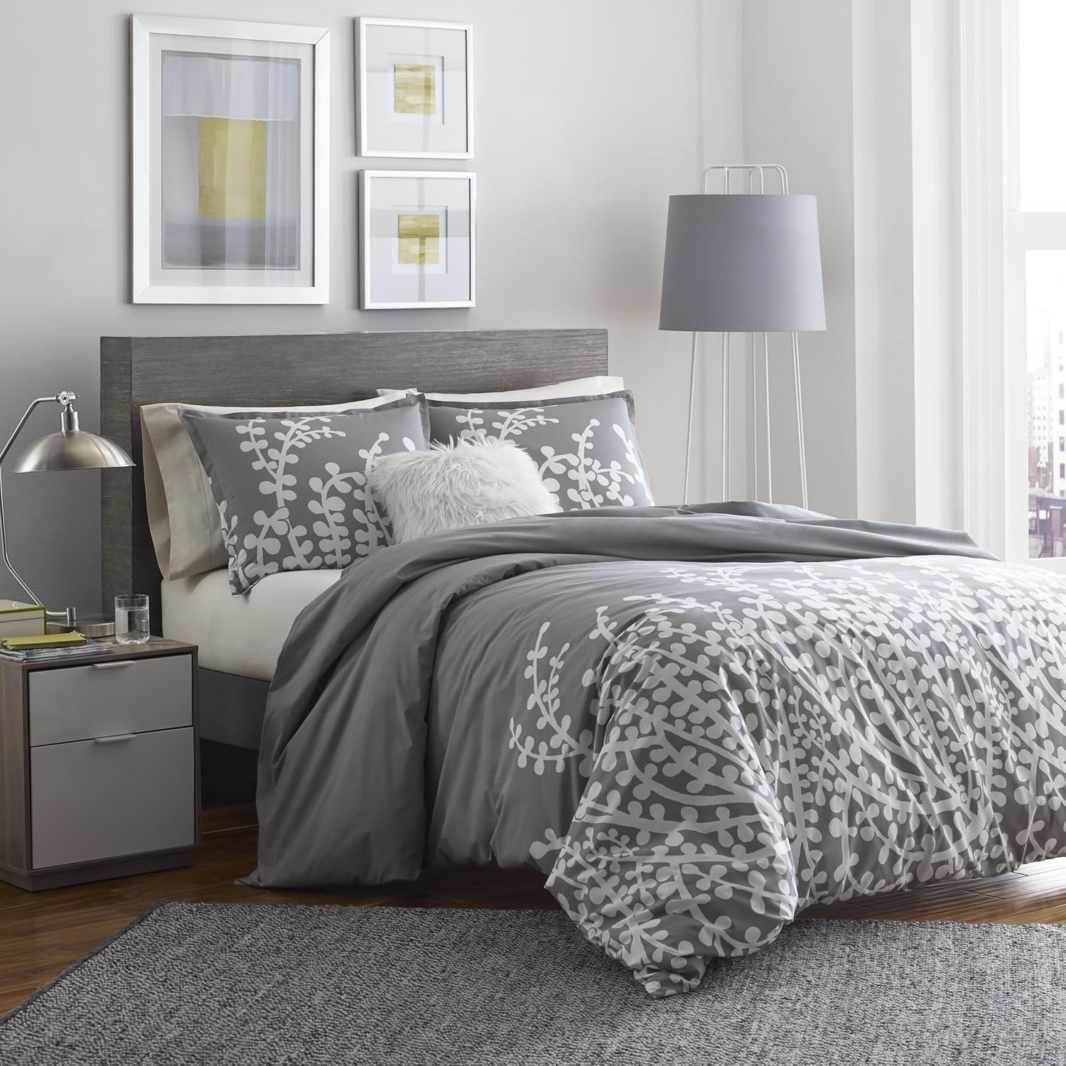 City Scene – Juego de edredón Queen, ropa de cama de algodón con fundas a juego, decoración moderna del hogar (ramas grises, Queen)