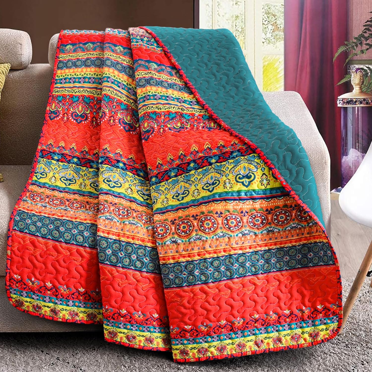 Lujo Reversible 100% algodón clásico Boho a rayas a cuadros Cobija 60 x 50 pulgadas se puede lavar a máquina y secar en secadora, Algodón, Patrón 3,