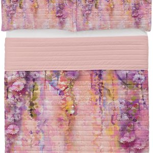 Lunarable Juego de colcha de microfibra con flores de acuarela, árbol de glicina en flor completa con fondo romántico de primavera sobre bokeh, Lunarable Juego de colcha de microfibra con flores de acuarela, árbol de glicina en flor completa con fondo romántico de primavera sobre bokeh,