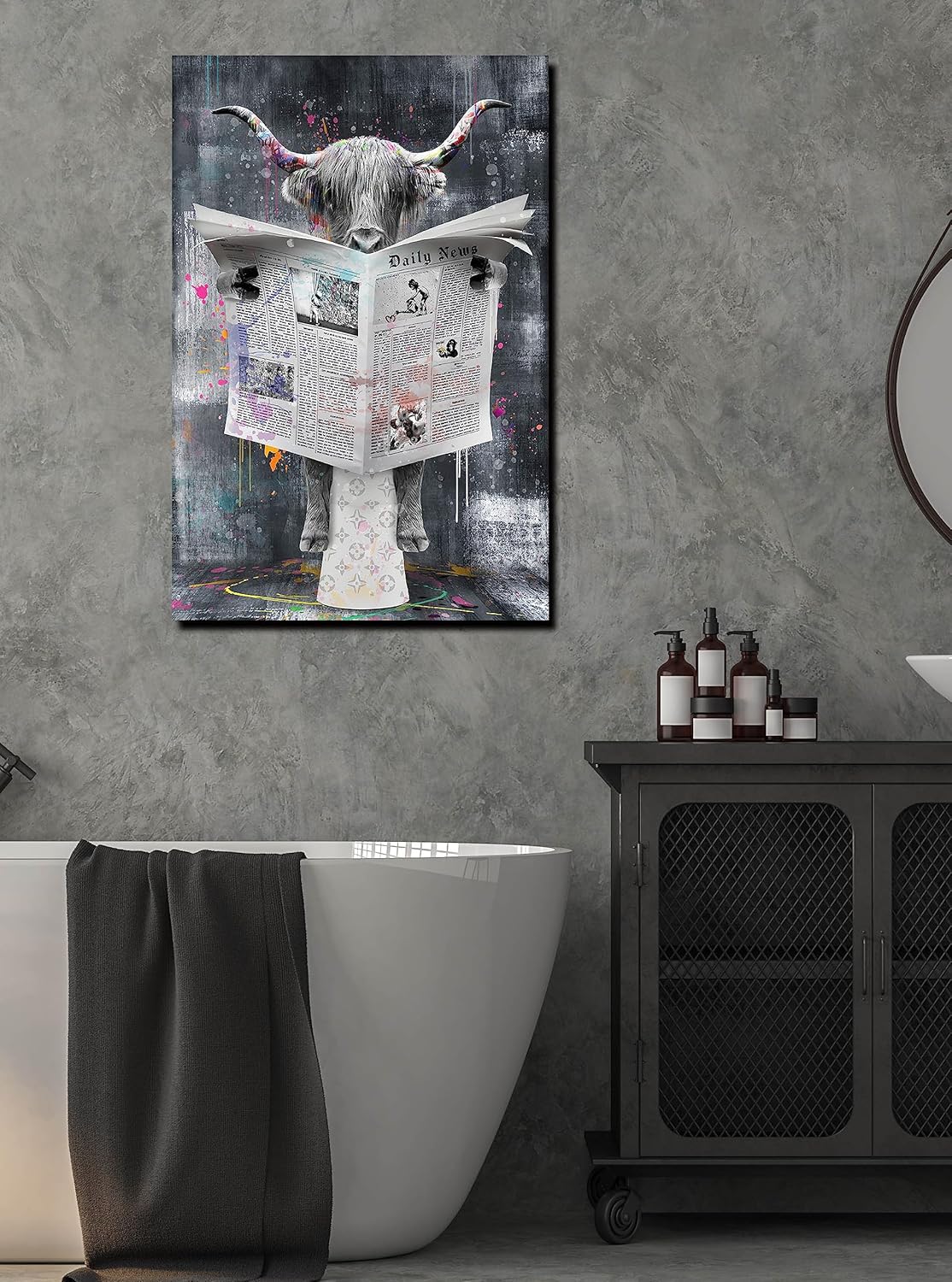 ZHAOSHOP Decoración de pared de vaca de las montañas, arte de pared para decoración de baño, lienzo blanco y negro para hombres, listo para colgar,