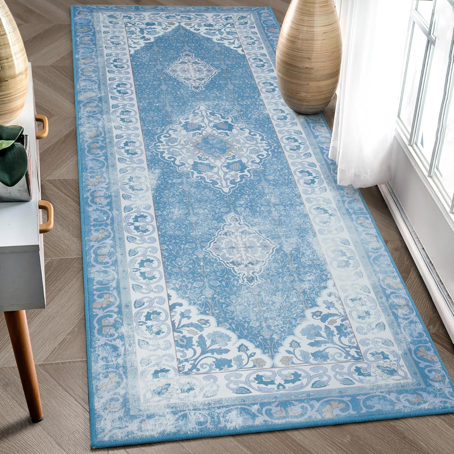 Alfombra de pasillo para dormitorio, alfombra azul de 2 x 6 pulgadas, alfombra floral pequeña para cocina, lavandería, entrada, alfombra de