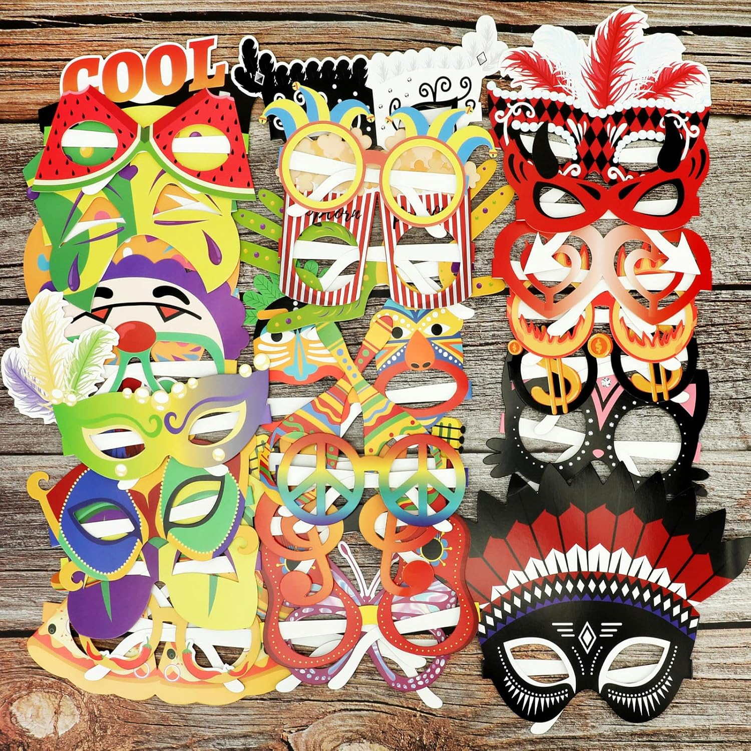 Máscara de Mardi Gras, gafas de papel para cabina de fotos, 27 piezas divertidas de carnaval de papel para adultos y niños, divertidos accesorios de