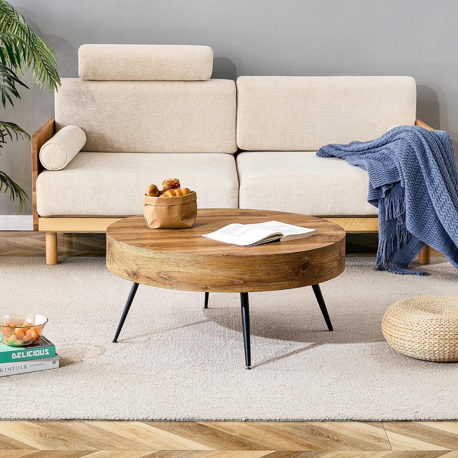 Mesas de centro rústicas para sala de estar, moderna, pequeña mesa de centro redonda de madera con 4 patas de metal, mesa de té para sala de estar,
