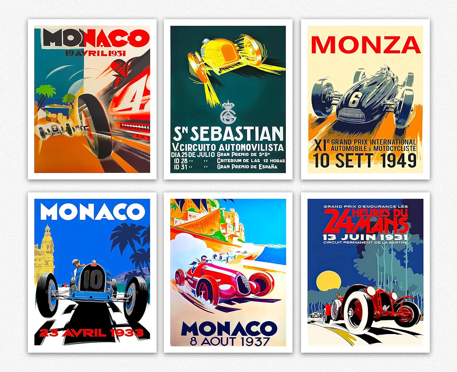 Póster vintage de coche  juego de 6 carteles vintage de carreras de autos – Decoración de pared de coche para hombres – Arte de pared de auto