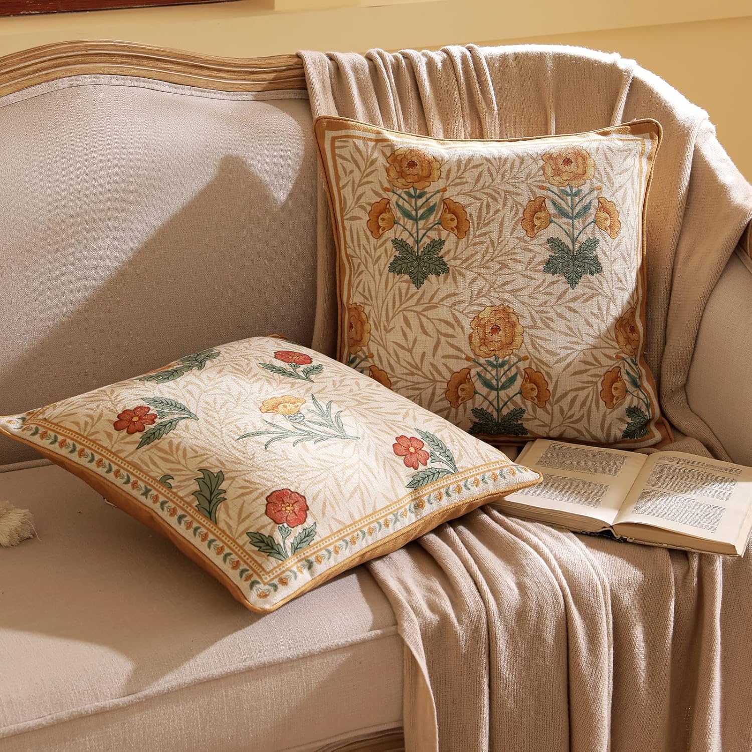 patdrea Paquete de 4 fundas de almohada de diseño, fundas de almohada de lino suave francés vintage con patrón floral de margaritas, funda de