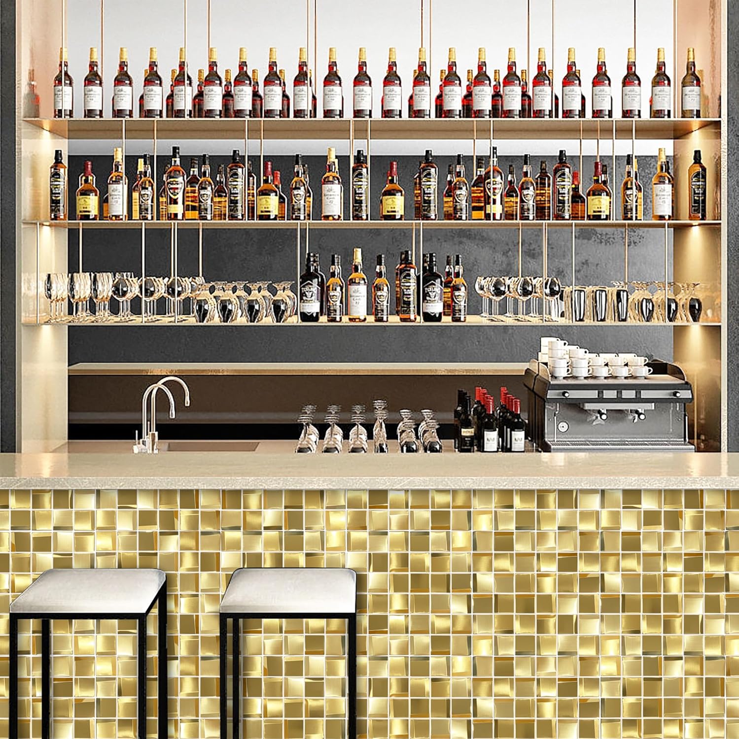 Parrotile Paneles de pared 3D, azulejos de mosaico de metal dorado de 2 x 2 pulgadas, decoración de pared dorada 5 hojas