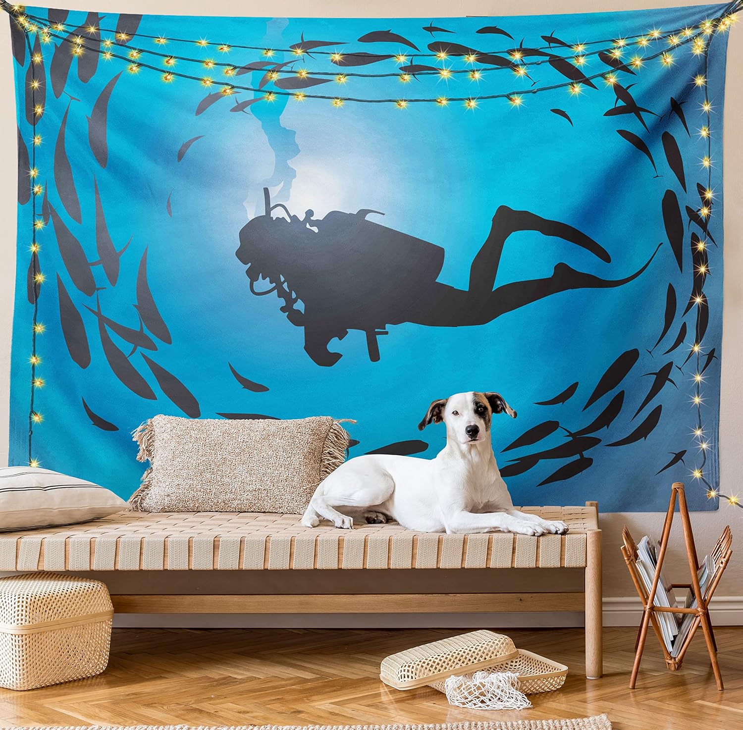 Ambesonne Tapiz bajo el mar, buceador rodeado de jamba de peces, esnórquel acuático Aqualung, colgante de pared ancho para dormitorio, sala de
