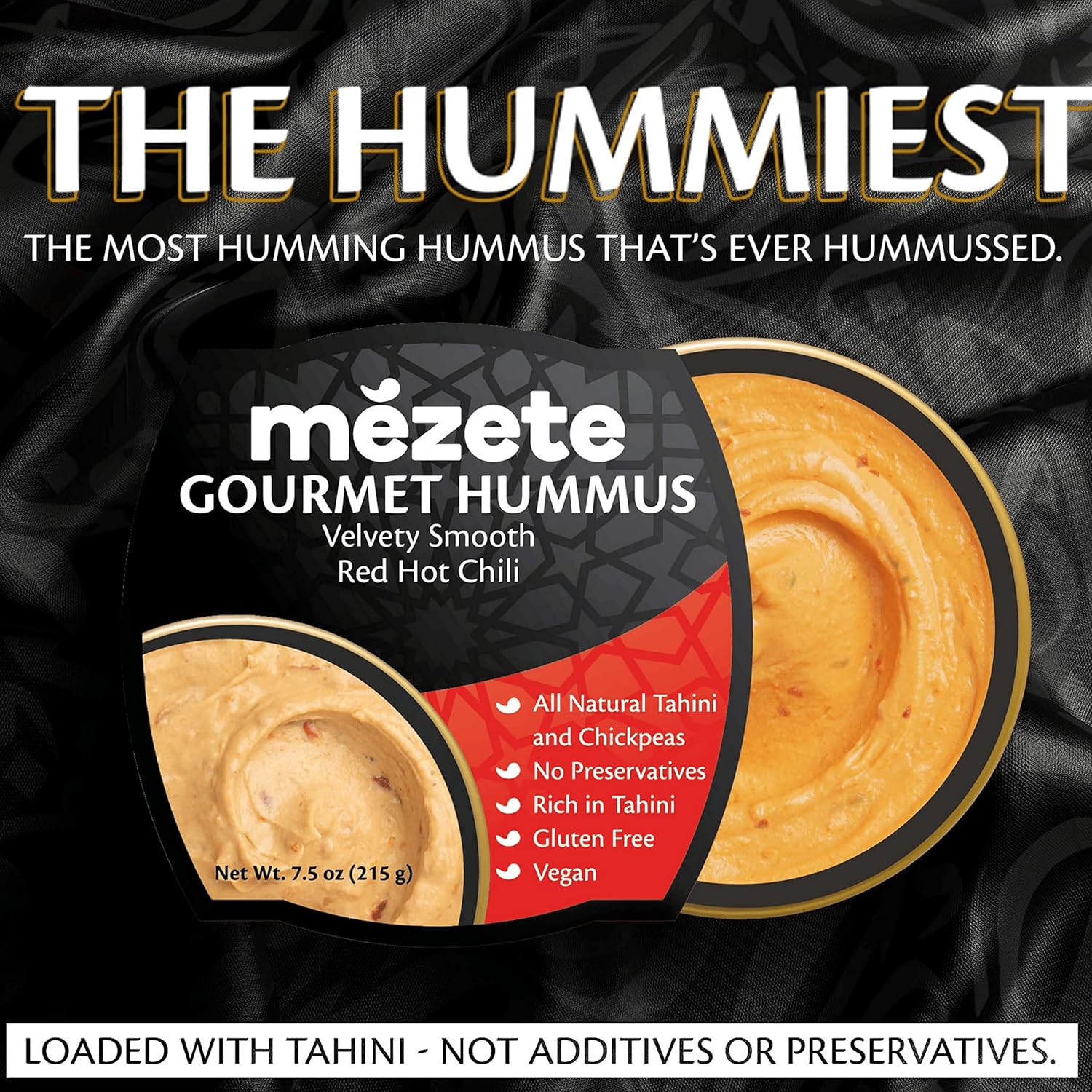 Mezete Hummus de chile rojo vivo, 100% totalmente natural, salsa vegana rica en Tahini sin conservantes, sin gluten, estable en el estante y no