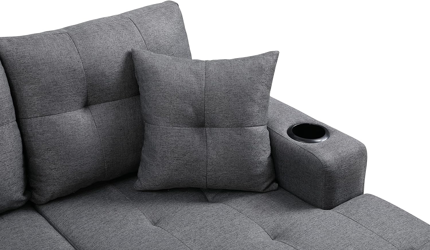 Sofá modular moderno en forma de L, sofá tapizado de tela con diván reversible y 2 portavasos, para sala de estar pequeña, color gris