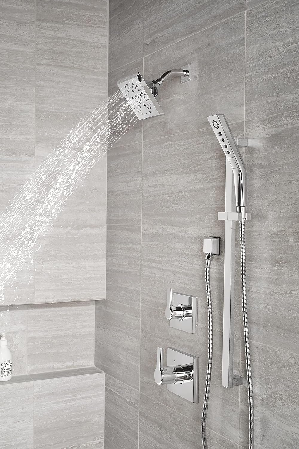Delta Faucet Sistema de ducha cromado pivotal de 3 ajustes, incluye cabezal de ducha cromado, barra deslizante, mango de ducha, desviador de ducha y