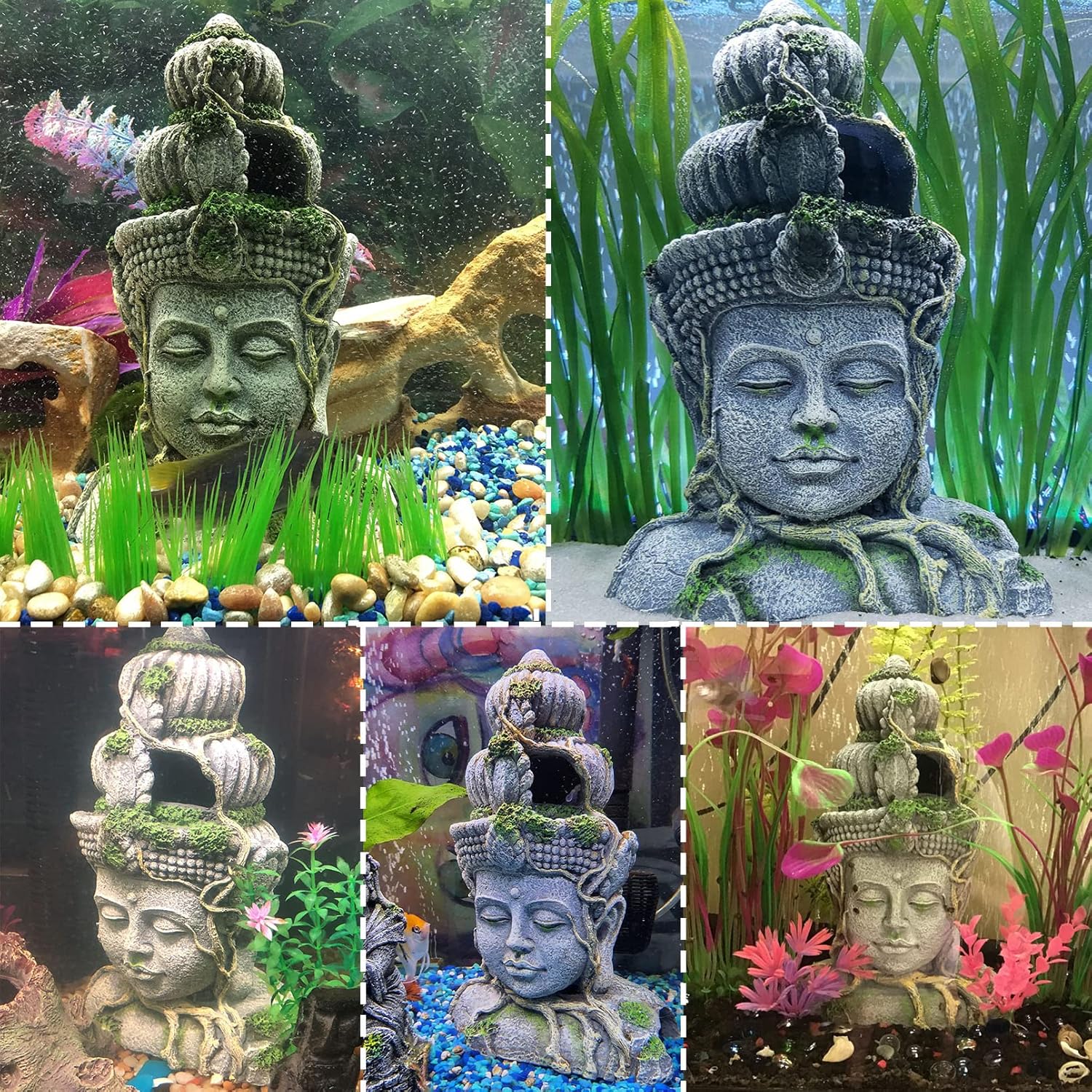 kathson Acuario Buda Cabeza Estatua Decoración Betta Resina Escondite Cueva Fish Tank Accesorios Descanso Ocultar Raza para Pescado Camarón Reptil