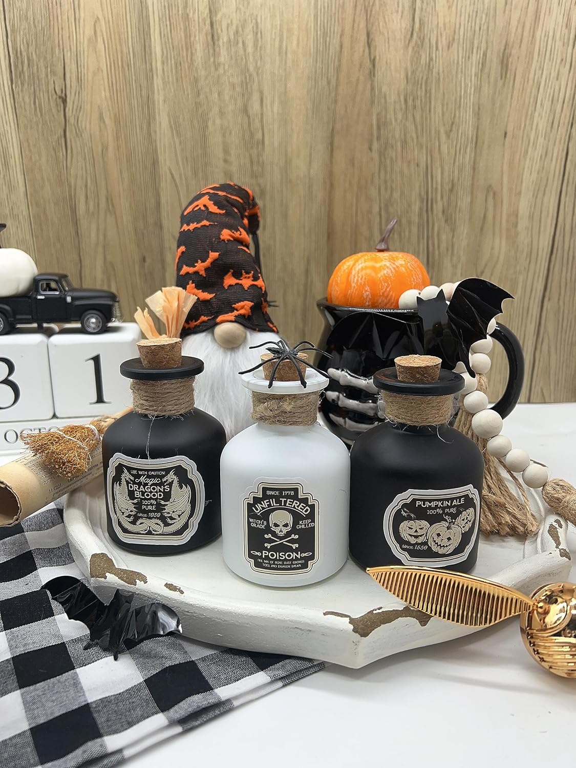 Decoraciones de Halloween para interiores  Decoración de bandeja escalonada de Halloween  3 botellas de poción de vidrio con 6 calcomanías  Botellas