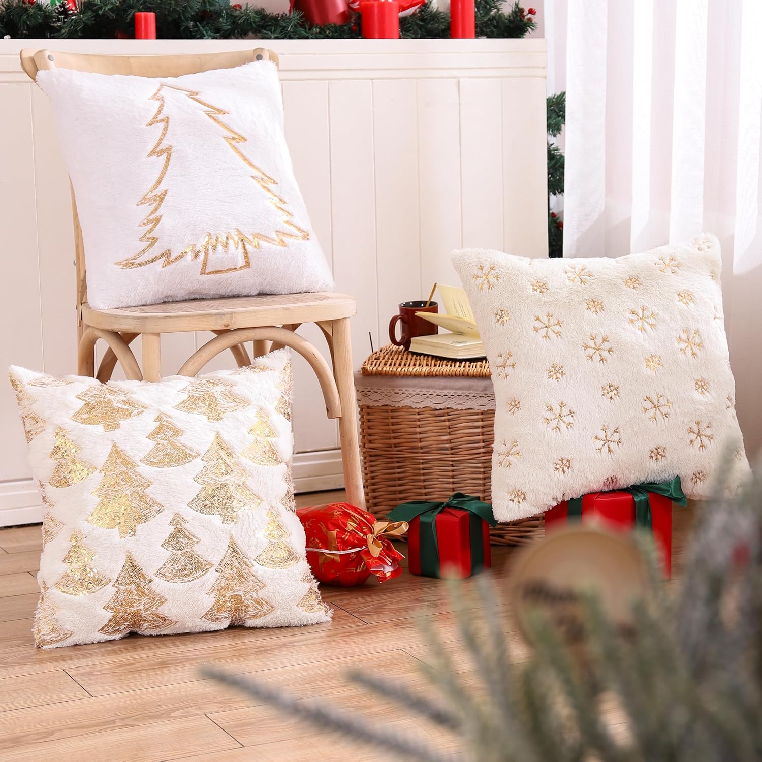 Fundas de almohada de Navidad de 18 x 18 pulgadas, juego de 2 múltiples fundas de almohada de lentejuelas para árbol de Navidad, fundas de almohada