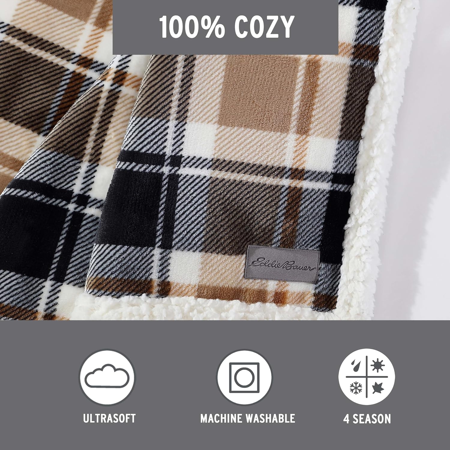 Eddie Bauer Manta reversible de vellón sherpa, ropa de cama y decoración del hogar, para todas las estaciones, (Rugged Plaid Beige), beige a cuadros