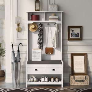 Wollmix Perchero de madera, estante de tela, árbol de pasillo con 4 ganchos y tapa con bisagras, banco de entrada, banco de almacenamiento, diseño 3 Wollmix Perchero de madera, estante de tela, árbol de pasillo con 4 ganchos y tapa con bisagras, banco de entrada, banco de almacenamiento, diseño 3