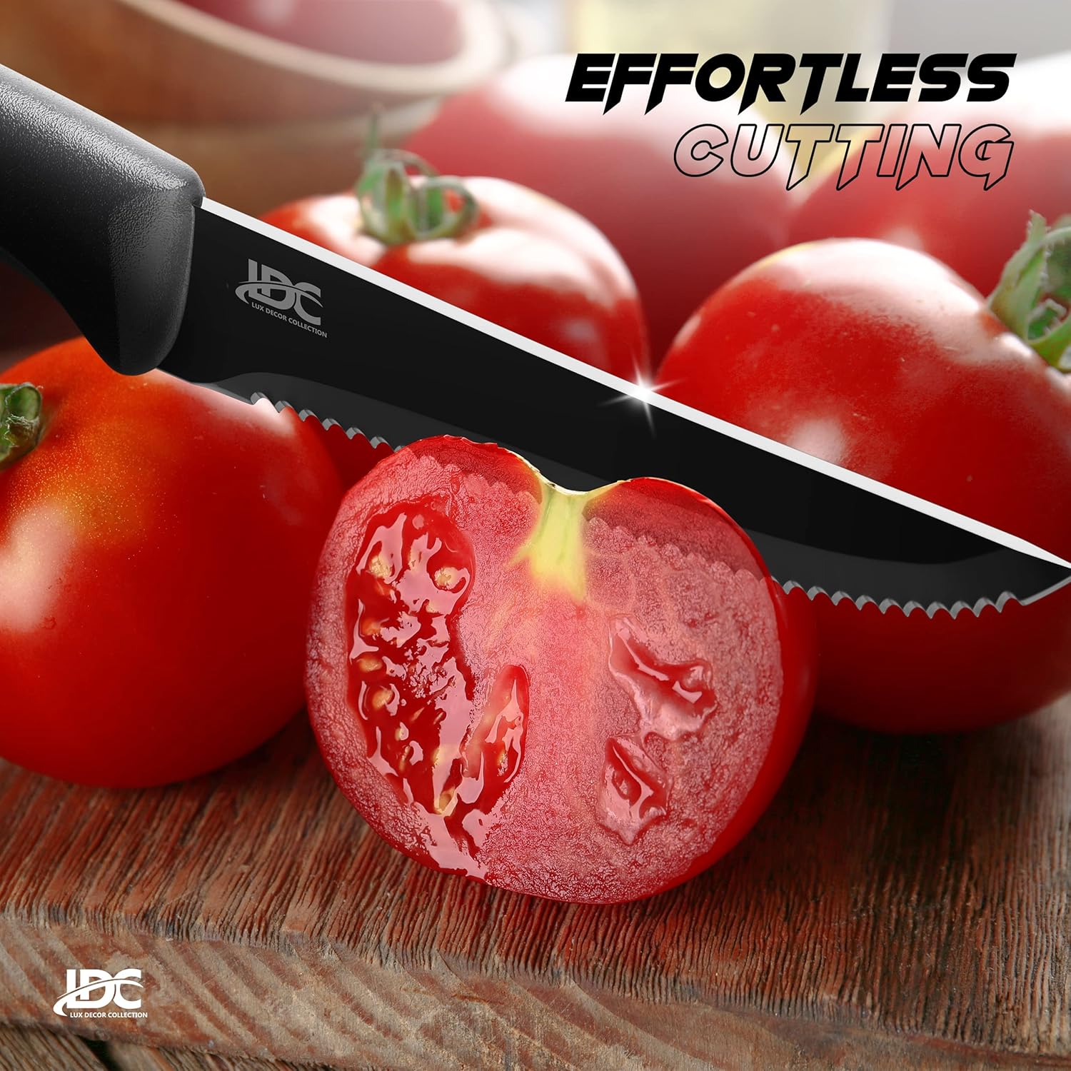 LUX Décor – Juego de 8 cuchillos para carne, elegantes cuchillos dentados negros ultra afilados, aptos para lavavajillas, juego de cuchillos para