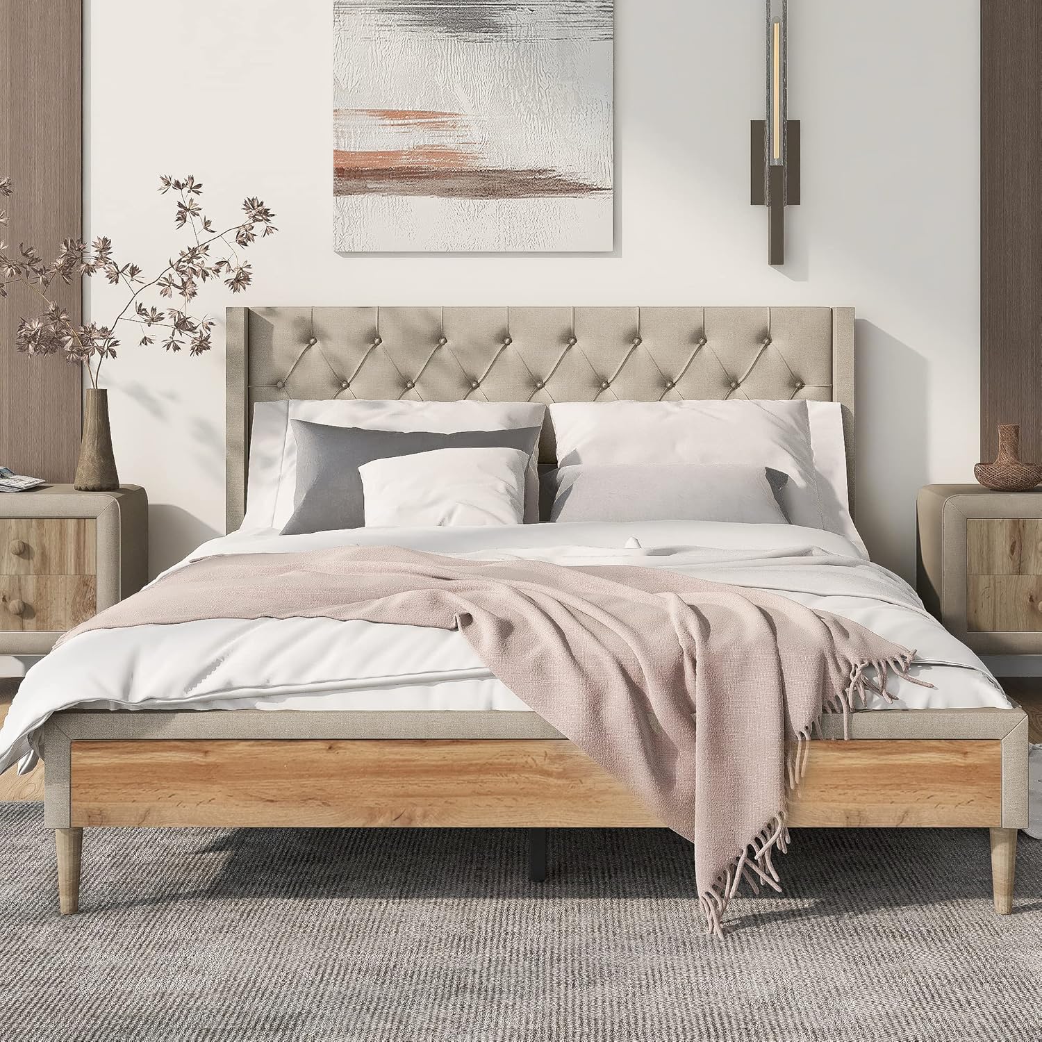 Base de cama tamaño Queen, plataforma tapizada de tela de lino con cabecero y patas de madera de goma, no necesita somier, para niños, adolescentes,