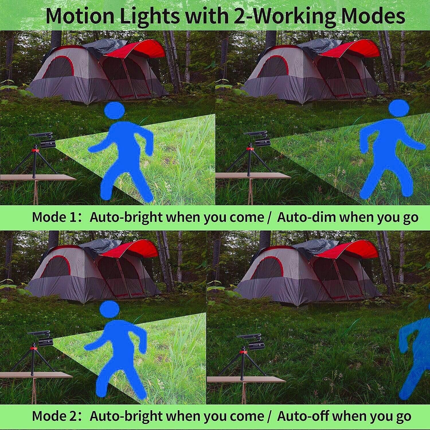 Luces solares de aluminio con sensor de movimiento para acampar al aire libre, 1400 lúmenes, 9 W (equivalente a 130 W), focos de emergencia LED para