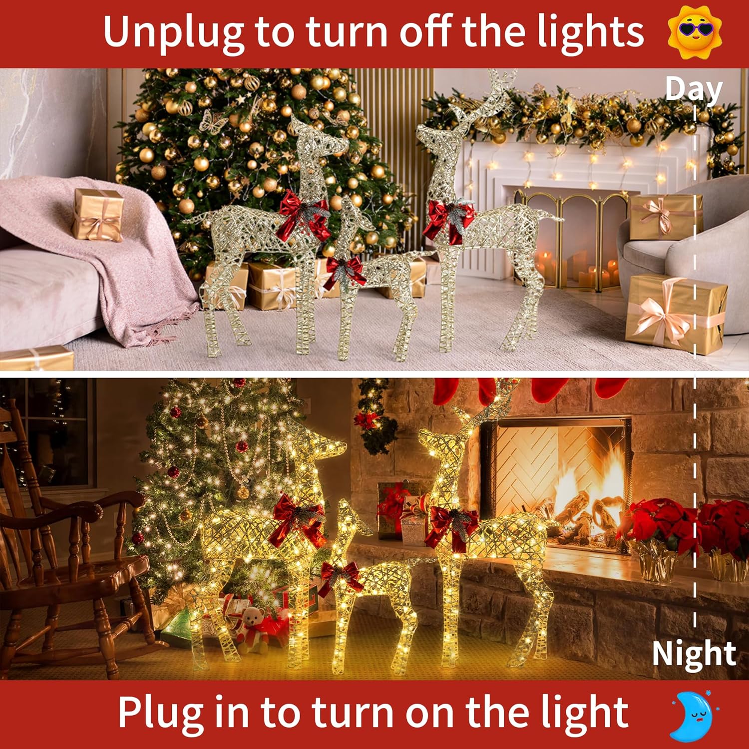 GENIMO 3 piezas de decoración navideña de renos para exteriores, patio, familia de ciervos preiluminados, 390 luces LED, decoración navideña de