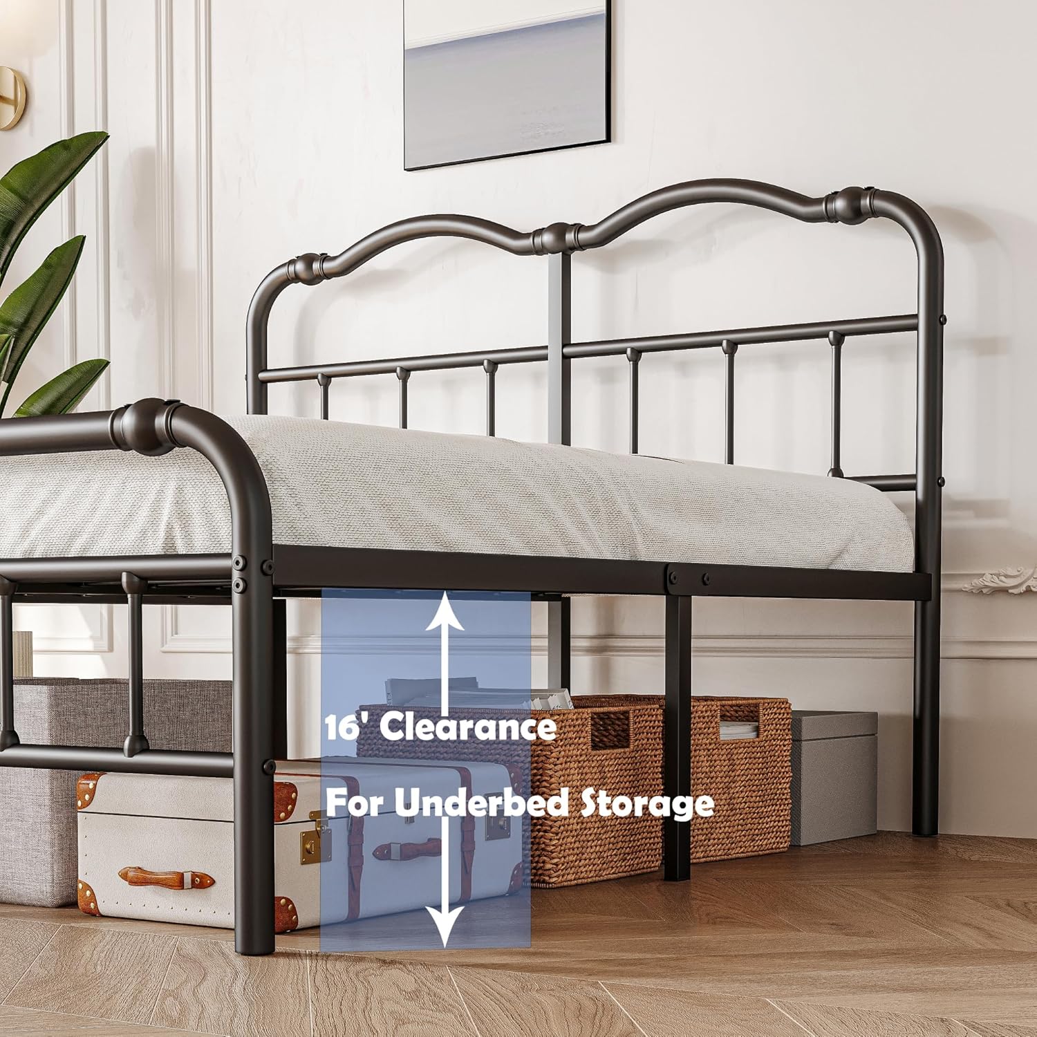 Base de cama tamaño Queen con cabecero, 18 pulgadas de alto, marco de cama de plataforma de metal resistente, sin ruido, fácil montaje, no necesita