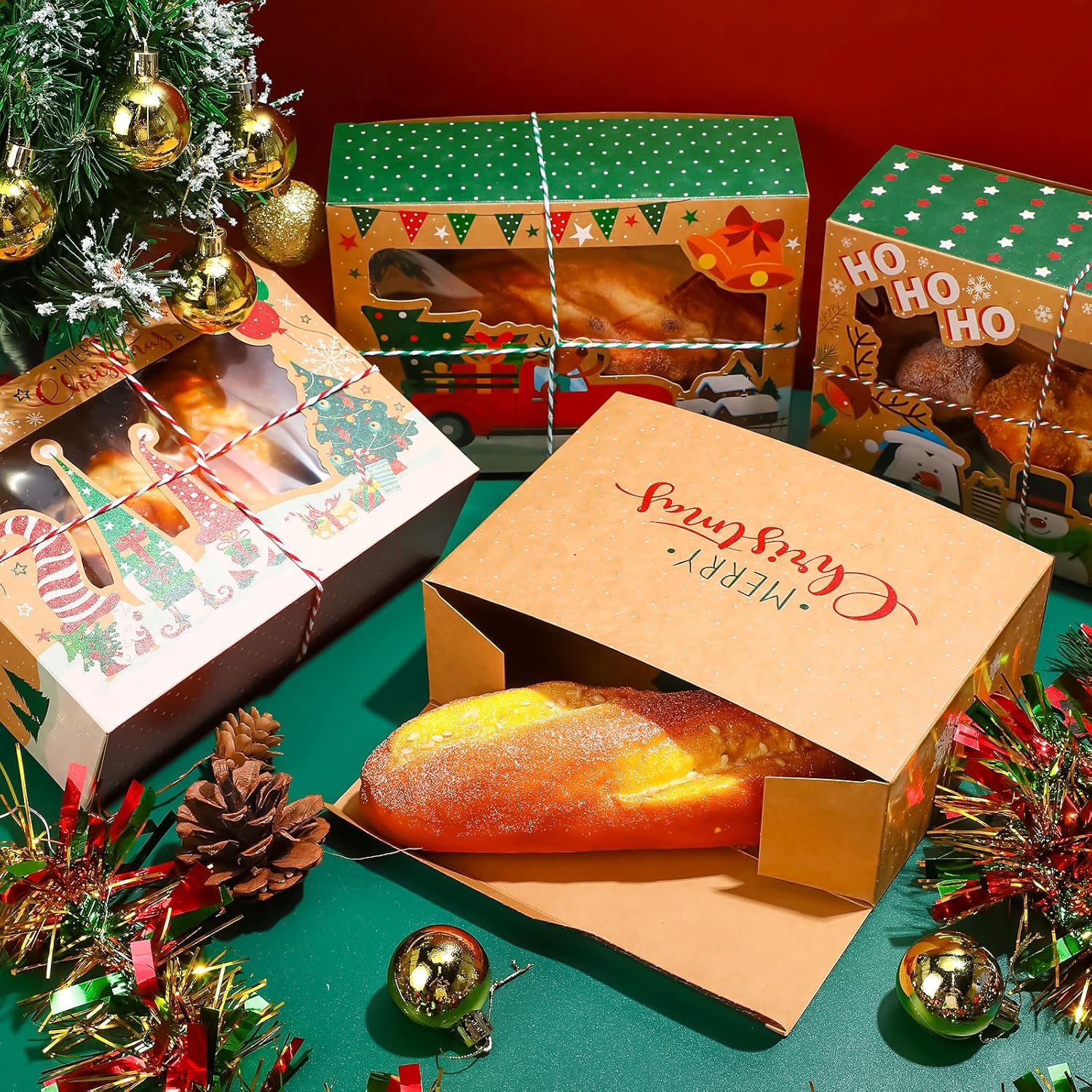 Outus 100 cajas de galletas de Navidad con ventana transparente, 4 estilos de contenedores de galletas de Navidad y 6 rollos de cordeles, cajas de